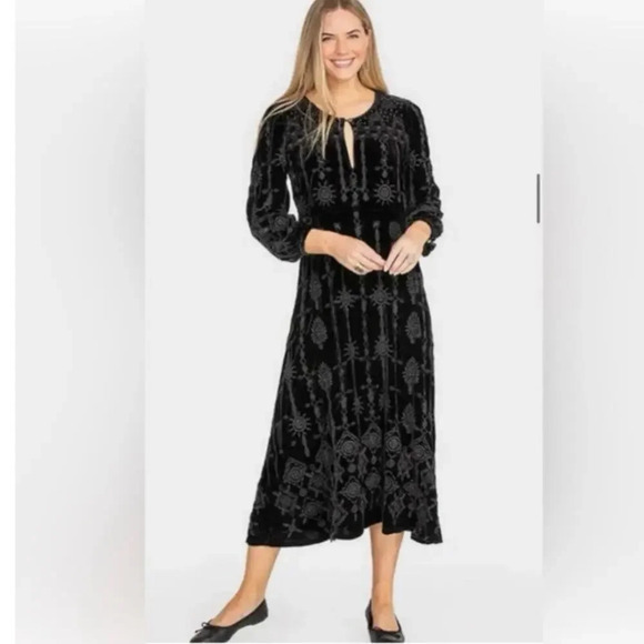 Johnny Was Althea Black Velvet Embroidered Long Sleeve Maxi Dress Sz S - Picture 1 of 9